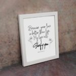 Wall art design with the text Because Your Love Is Better Than Life, My Lips Will Glorify You from Psalm 63:3. displayed on the wall in a white frame