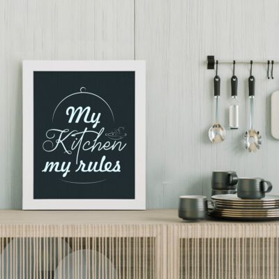 My Kitchen My Rules kitchen wall art with a dark background, white cursive text, and minimalist plate with steam illustration. displayed on the table