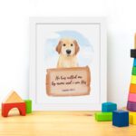 He Has Called Me By Name And I Am His Isaiah 43:1 wall art with a golden retriever and wooden sign for kids' room decor. displayed on the table in a white frame