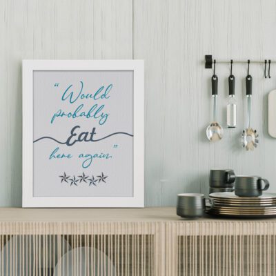 Would Probably Eat Here Again kitchen wall art with a white background, teal and black fonts, decorative wave, and five black stars. displayed on the table