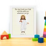 Jesus holding a staff with the verse For the Lord your God will be with you on cream background wall art for kids. displayed on the table in a white frame