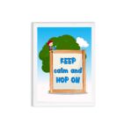 Keep Calm and Hop On a wooden sign with a girl, blue sky, and tree - General Verse Wall Art for kids. hung on the wall in a white frame