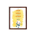 Be Joyful in Hope, Patient in Affliction, Faithful in Prayer Bible verse wall art with a cute cartoon panda in bright colors. hung on the wall in a brown frame