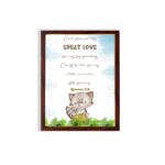 Raccoon with Bible verse God showed His great love for us by sending Christ to die for us while we were still sinners Romans 5:8 wall art for kids. hung on the wall in a brown frame