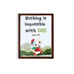 Wall art for kids featuring a happy cat in a Santa outfit holding a gift with the text Nothing is impossible with God. hung on the wall in a brown frame