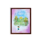 Wall art for kids featuring a child under a tree with the verse I will never leave you, I will never desert you from Hebrews 13:5. hung on the wall in a brown frame