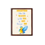 Wall art featuring a blue and yellow bird with the verse Mightier than the waves of the sea is His love for me from Psalm 93:4. hung on the wall in a brown frame