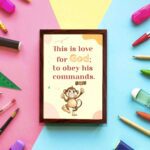 Cartoon monkey with 1 John 5:3 verse This is love for God: to obey His commands on beige and pink background. displayed on the wall in a brown frame in a colorful background