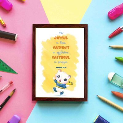 Be Joyful in Hope, Patient in Affliction, Faithful in Prayer Bible verse wall art with a cute cartoon panda in bright colors. displayed on the wall in a brown frame in a colorful background