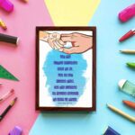 Wall art depicting two hands holding each other with the verse Let the little children come to me in blue text on a watercolor background. displayed on the wall in a brown frame in a colorful background