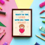 Cute teddy bear holding a heart with Trust in the Lord with all your heart text above, Proverbs 3:5 wall art design. displayed on the wall in a brown frame in a colorful background