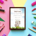 Raccoon with Bible verse God showed His great love for us by sending Christ to die for us while we were still sinners Romans 5:8 wall art for kids. displayed on the wall in a brown frame in a colorful background