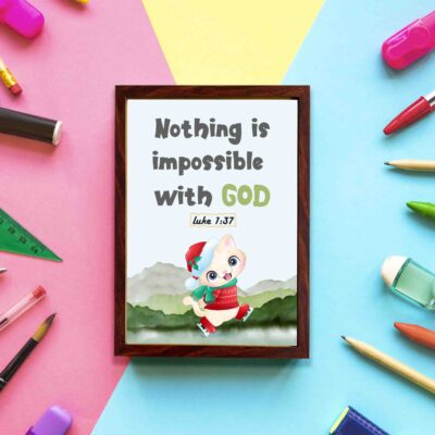 Wall art for kids featuring a happy cat in a Santa outfit holding a gift with the text Nothing is impossible with God. displayed on the wall in a brown frame in a colorful background