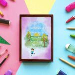 Wall art for kids featuring a child under a tree with the verse I will never leave you, I will never desert you from Hebrews 13:5. displayed on the wall in a brown frame colorful background