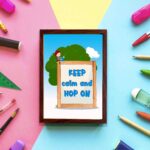 Keep Calm and Hop On a wooden sign with a girl, blue sky, and tree - General Verse Wall Art for kids. displayed on the wall in a brown frame in a colorful background