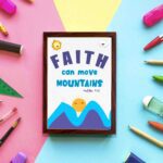 Wall art with the text Faith can move mountains from Matthew 17:20, featuring a sun rising over mountains. displayed on the wall in a brown frame in a colorful background