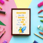 Wall art featuring a blue and yellow bird with the verse Mightier than the waves of the sea is His love for me from Psalm 93:4. displayed on the wall in a brown frame in a colorful background