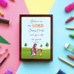 Wall art with a green field, trees, and cartoon figures of Jesus and children, featuring the text 'Believe in the Lord Jesus Christ, and you will be saved. displayed on the wall in a brown frame in a colorful background