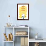 Be Joyful in Hope, Patient in Affliction, Faithful in Prayer Bible verse wall art with a cute cartoon panda in bright colors. displayed on the wall in a brown frame