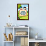 Colorful wall art featuring children and the verse I Can Do All Things Through Christ Who Gives Me Strength. displayed on the wall in a brown frame