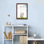 Raccoon with Bible verse God showed His great love for us by sending Christ to die for us while we were still sinners Romans 5:8 wall art for kids. displayed on the wall in a brown frame