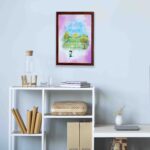 Wall art for kids featuring a child under a tree with the verse I will never leave you, I will never desert you from Hebrews 13:5. displayed on the wall in a black frame