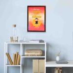 Colorful wall art featuring a happy child holding a heart with the quote You Are Loved Beyond Measure and Romans 8:38. displayed on the wall in a brown frame