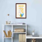 Wall art featuring a blue and yellow bird with the verse Mightier than the waves of the sea is His love for me from Psalm 93:4. displayed on the wall in a brown frame