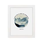 I Love You O Lord My Strength Psalm 18:1 Bible Wall Art with watercolor mountains, perfect for Christian home decor. Wall Art hung on the wall in white frame