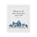 Psalm 2:12 Bible Verse Wall Art with deep blue mountain range design. Wall Art hung on the wall in a white frame