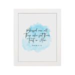 Serene Bible verse wall art with Psalm 2:12 and soft blue watercolor design, perfect for peaceful home decor. Wall Art hung on the wall in a white frame