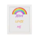 Infidu Jesus Loves Me Bible Wall Art with rainbow arc and colorful text in purple, yellow, and pink fonts Wall Art hung on the wall in a white frame