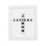 Infidu Jesus Loves Me Bible Wall Art with the crossword-style layout in black text on a white background Wall Art hung on the wall in white frame