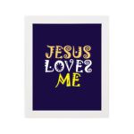 Infidu Jesus Loves Me Bible Wall Art with deep purple background and yellow decorative lettering Wall Art hung on the wall in white frame