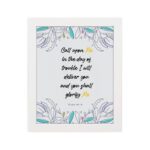 Call Upon Me Psalm 50:15 Bible Verse Wall Art with floral patterns Wall Art hung on the wall in a white frame