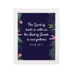 Infidu Fruit of the Spirit wall art featuring colorful fruits and words like Love, Joy, and Peace on a beige background. hung on the wall in a white frame