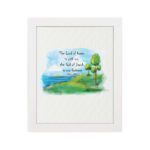 Psalm 46:7 Bible verse wall art with serene watercolor landscape of trees, hills, and water, featuring the verse in black text. hung on the wall in a white frame