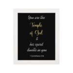 Infidu You Are The Temple Of God & His Spirit Dwells In You 1 Corinthians 3:16 Bible Wall Art with Purple Blue Background, Black Leaf Design, and White Font - Perfect Christian Home Decor and white frame hung on the wall