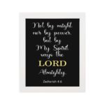 Infidu Not By Might Nor By Power, But By My Spirit Zechariah 4:6 Bible Verse Wall Art white frame hung on the wall