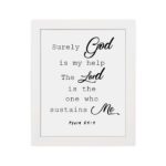 Bible verse wall art with Psalm 54:4, featuring black text on a white background. God and the Lord are highlighted in cursive font. hung on the wall in a white frame