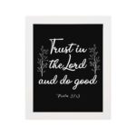 Trust In The Lord And Do Good Psalm 37:3 white text with decorative branches on black background Christian wall art hung on the wall in white frame