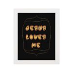 I Am a Child of God Bible wall art with bold gold text and a decorative gold border on a black background. Wall Art hung on the wall in a white frame