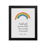 I Will Call Upon The Lord Psalm 18:3 Bible Wall Art with a colorful rainbow at the top and black text on a white background. Wall Art hung on the wall in black frame