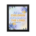 Isaiah 54:13 Christian wall art with vibrant blue and purple floral accents on a soft cream and beige gradient background. Wall Art hung on the wall in a black frame