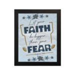 Infidu Let Your Faith Be Bigger Than Your Fear Hebrews 13:6 Christian Wall Art with blue and yellow floral design Wall Art hung on the wall in a black frame