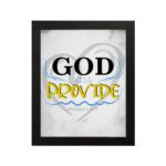 God Will Provide Christian wall art with bold black 'God,' gray and yellow text, and a heart-like light gray background. Wall Art hung on the wall in black frame