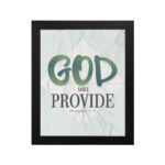 God Will Provide Philippians 4:19 Christian wall art with bold teal 'God' and black 'Will Provide' on a white textured background. Wall Art hung on the wall in black frame