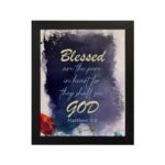 Infidu Matthew 5:8 Christian wall art with yellow text on a dark blue textured background, featuring bright yellow 'GOD' and a hint of red floral design. Wall Art hung on the wall in black frame