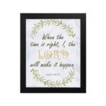 Infidu Isaiah 60:22 Christian wall art with green and gold text, gold LORD, and a wreath of green leaves on a white background. Wall Art hung on the wall in a black frame