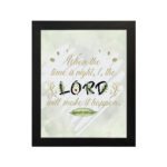 Infidu Isaiah 60:22 Christian wall art with gold text on mint green background, featuring LORD in larger black and beige letters. Wall Art hung on the wall in a black frame